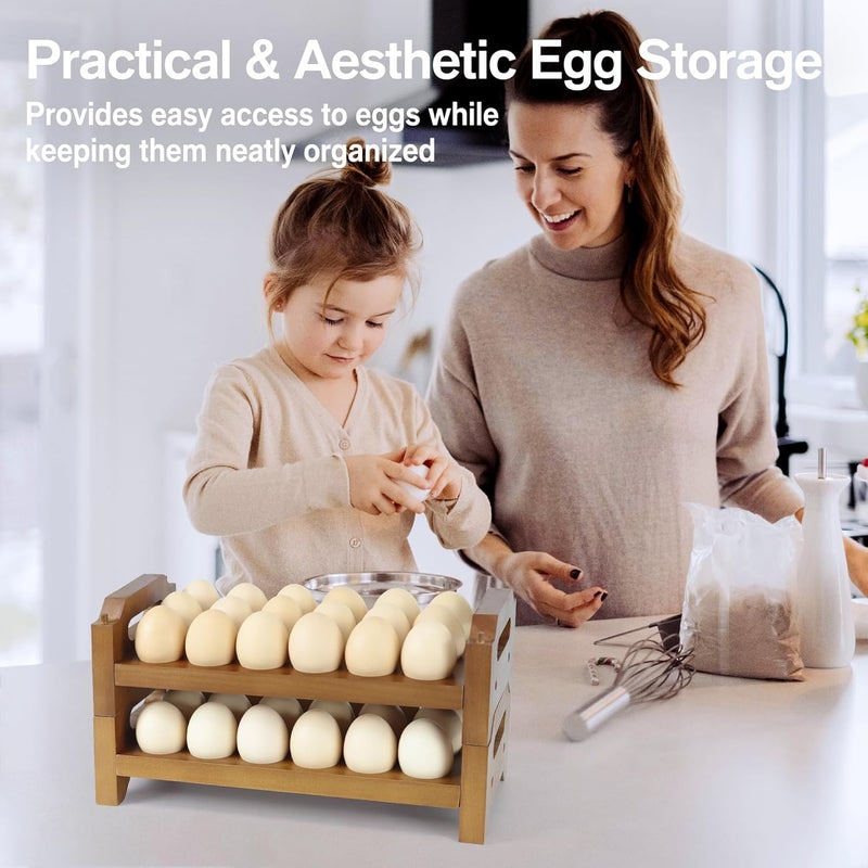 Uibyriy 2-Tier Wooden Egg Holder for 36 Eggs, Wooden Egg Holder Countertop with Carry Handle for Chicken, Duck, and Quail Eggs (Stackable) - Image 5